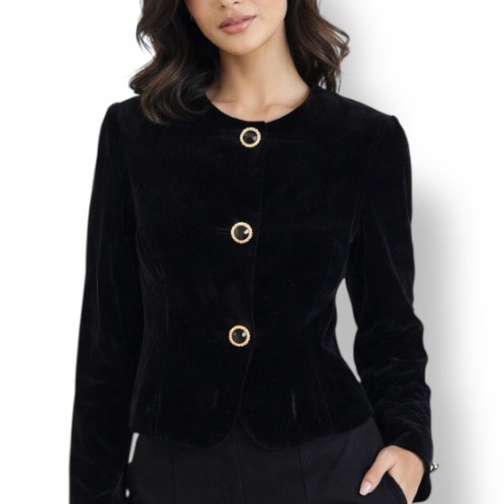 Vintage Black Velvet Cropped Collarless Jacket Gold Button Glam Size 8 Elegant